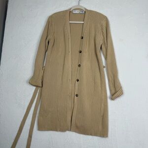 Victoria Jones Long Knit Cardigan Button Front Belted Sweater Coat Sz L Beige